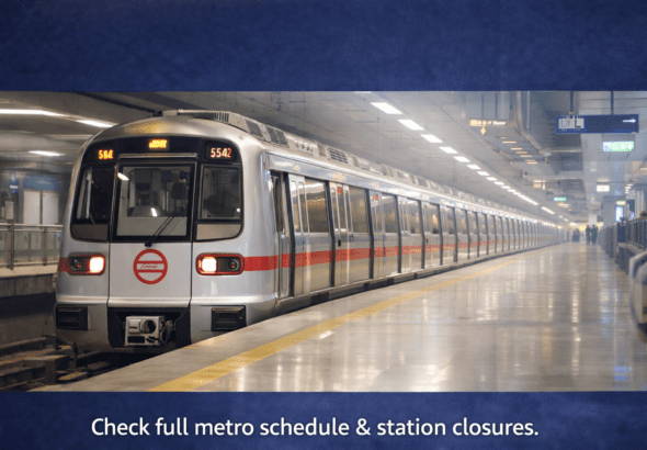 Delhi Metro train at station on 26 January 2026 Republic Day in New Delhi