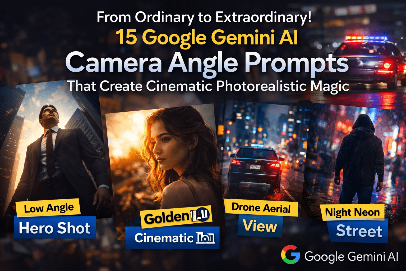 Google Gemini AI camera angle prompts for creating cinematic photorealistic images