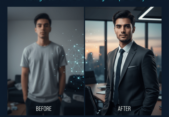 AI-generated professional man in charcoal suit boardroom portrait 8K